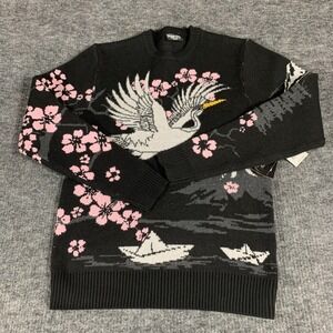 RGSTR Sweater Mens Medium Black Floral Oriental Anime Asian Pullover Streetwear